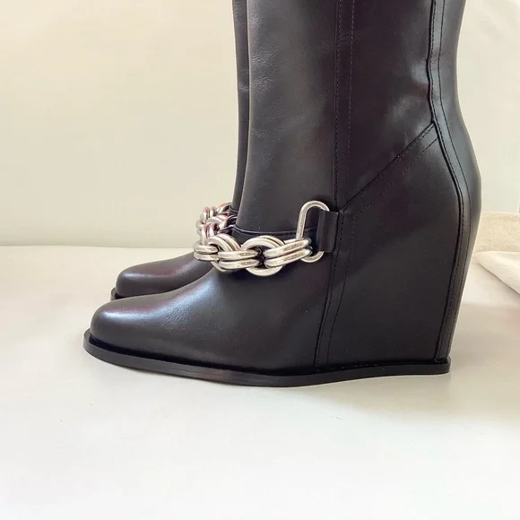 Zara Long Black Leather Wedge Silver Metal Chain Boots SZ 6 - Picture 11 of 14